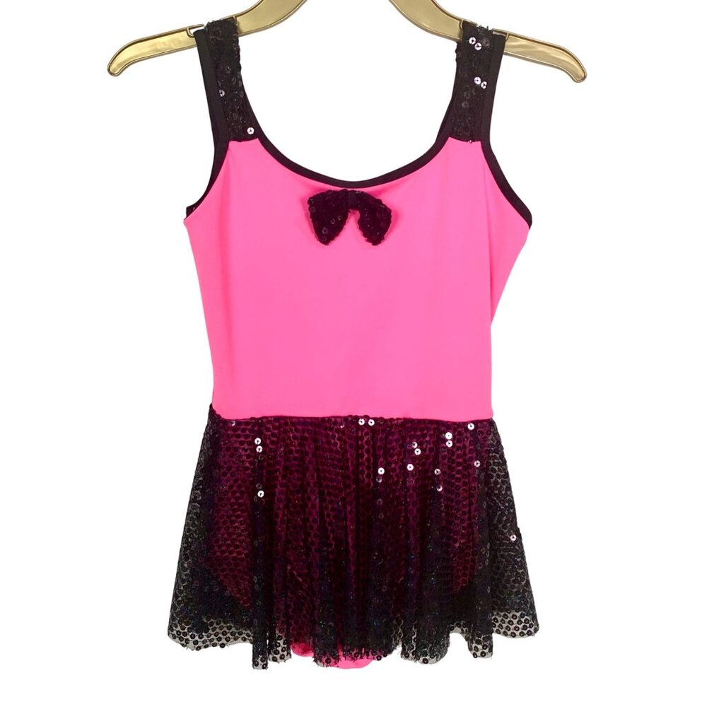 Body Wrappers Sequin Pink Black Dance Dress Girls 8-10 Bow Costume Style 3421